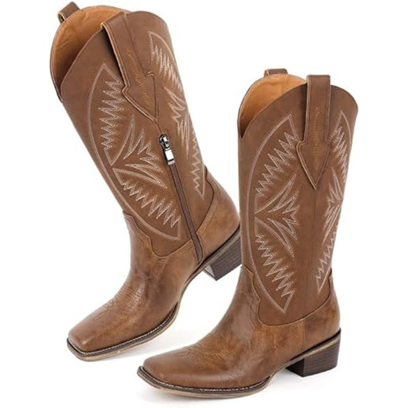 Lishan Womens 11 Brown Faux Leather Embroidered Square Toe Western Boot Shoes
