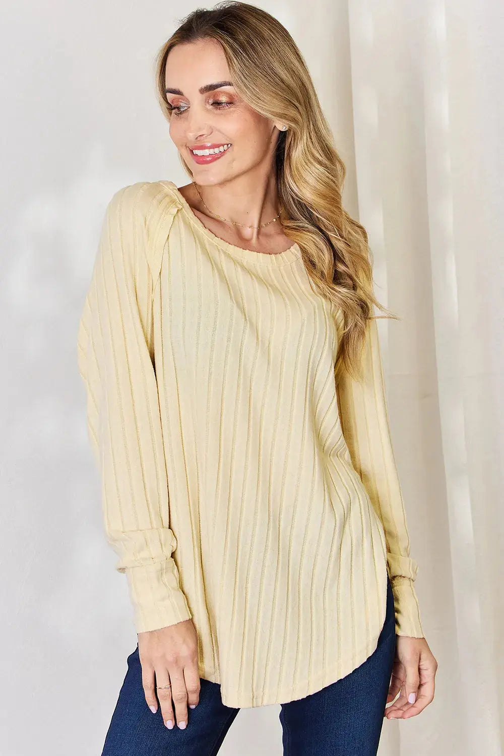 Basic Bae Ribbed Round Neck Slit Womens Long Sleeve T Shirt – Full & Plus Size