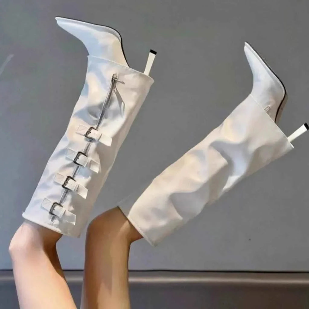 High-Quality Cowhide Leather
 Buckle Stiletto Boots
