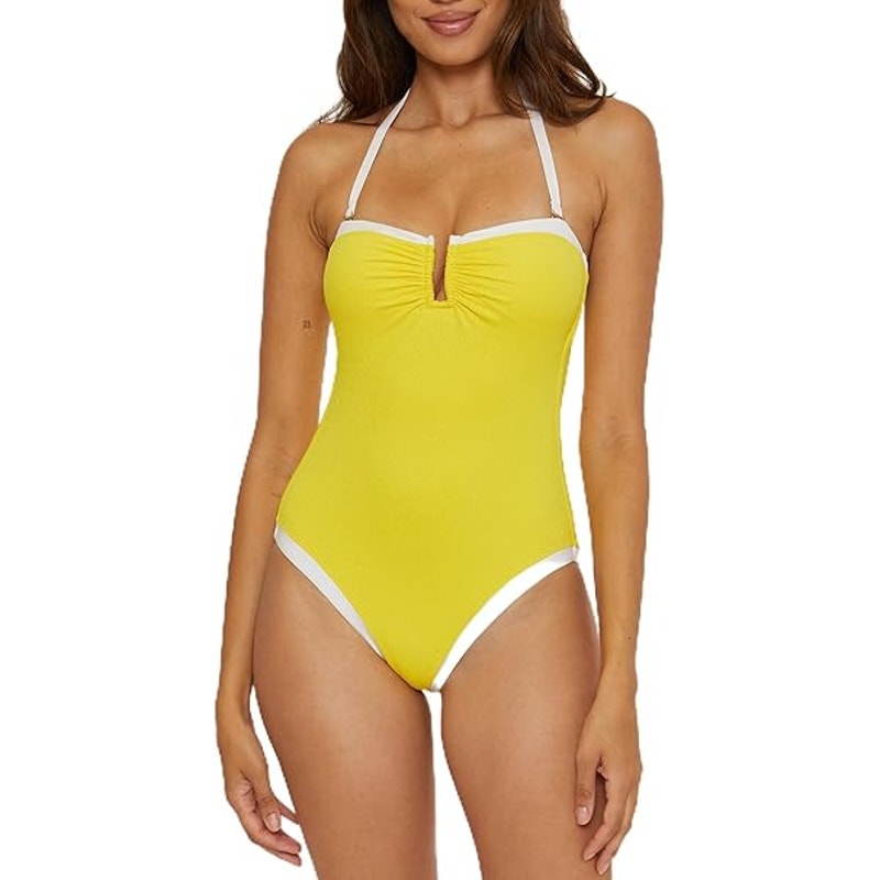 NWT New Trina Turk Womens Size 12 Yellow Halter Bandeau One Piece Swimsuit