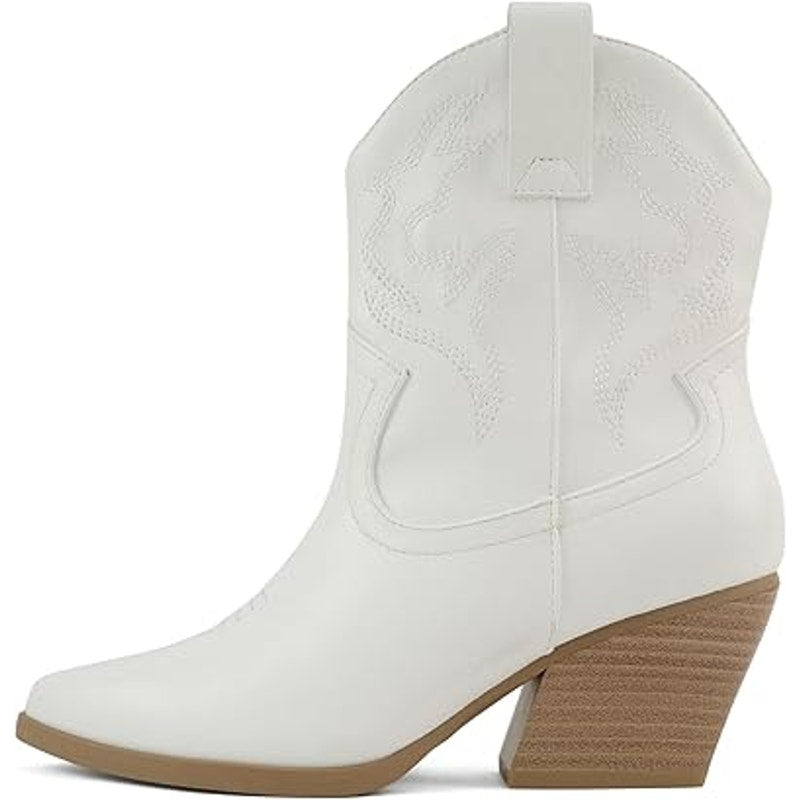 Soda BLAZING Women Size 7.5W Wide White Faux Leather 2.5" Heel Cowboy Boot Shoes