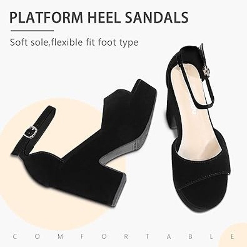 Camsoo Womens 7.5 Black Faux Suede Open Toe 3.75" Block Heel Ankle Strap Shoes