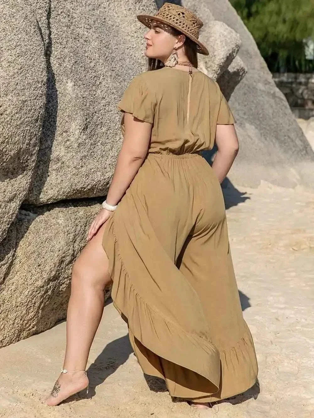 Plus Size Slit Ruffled : V-Neck Jumpsuit