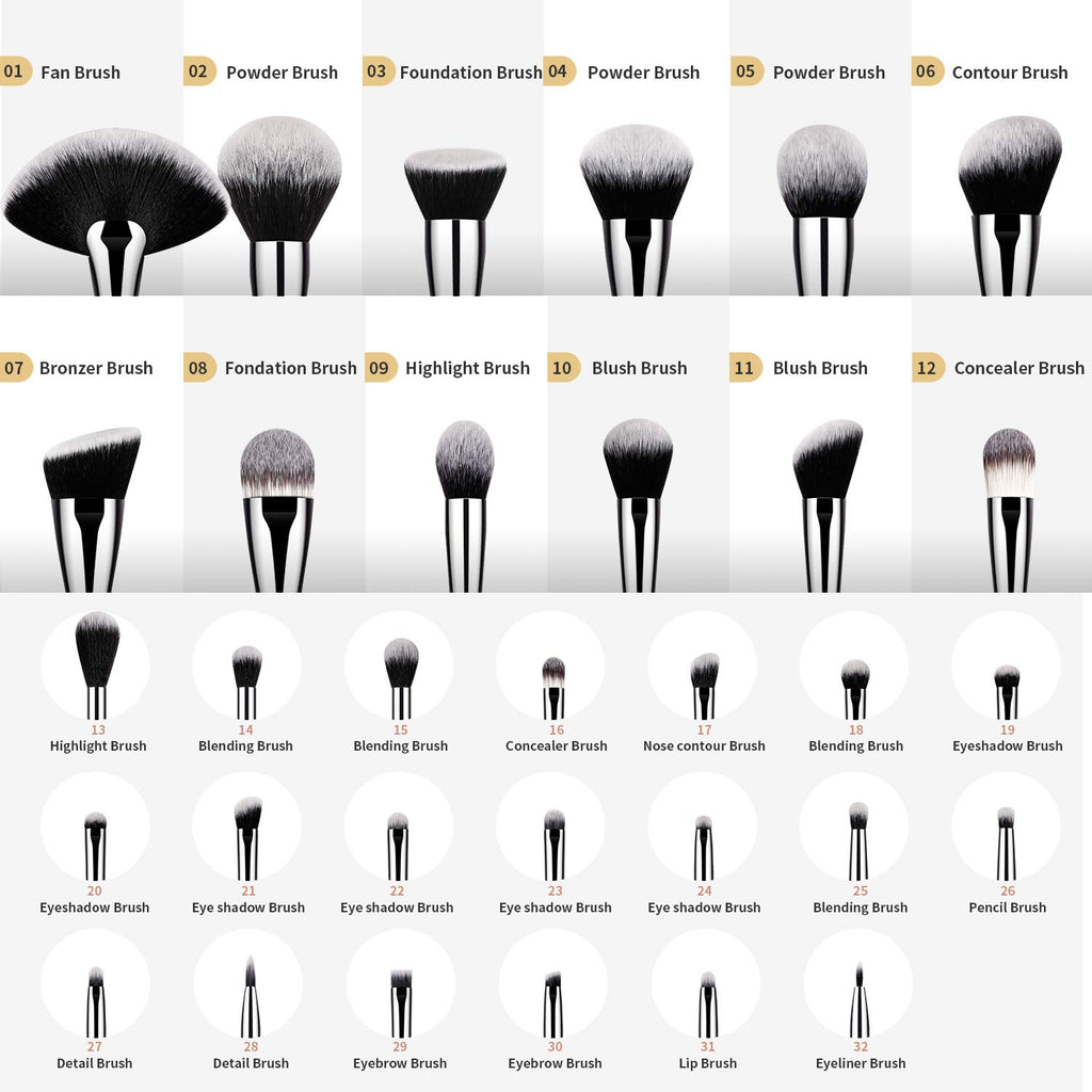32Pcs PRO Grade Makeup Brushes Set Premium Ultra-Soft Synthetic Foundation Contour Powder Blush Concealer Eyeshadow Classic Black Professional Make up Brushes