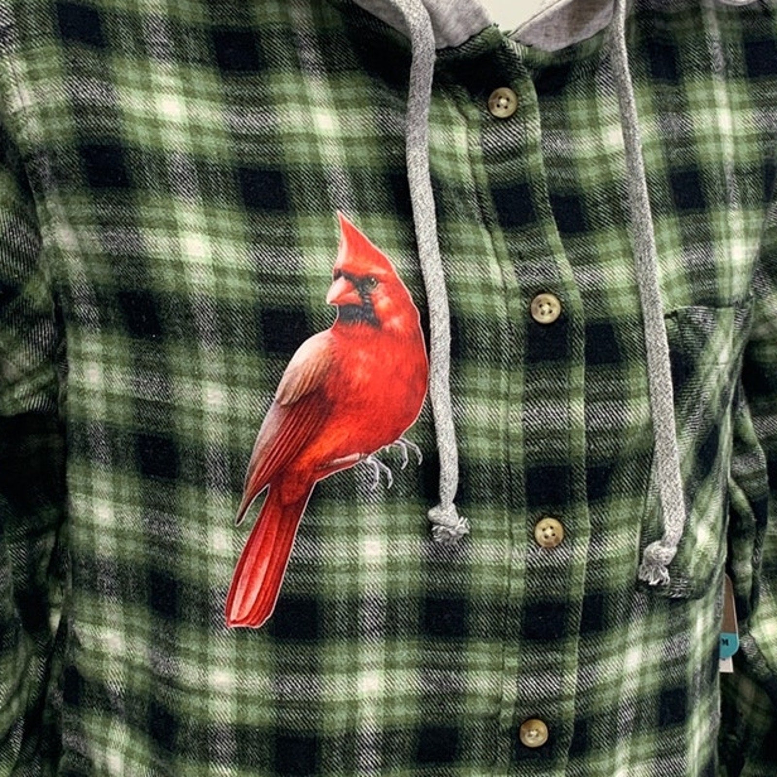New Hand Printed Women Large Red Cardinal Bird Plaid Flannel Long Sleeve Hoodie