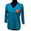 Hand Printed Upcycled Womens Small Red Poppy Flower Supima Cotton V-Neck Tee