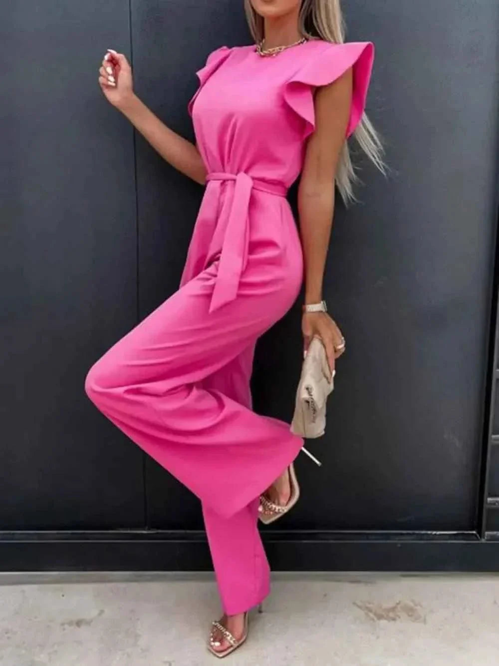 Ruffled Round Neck : Cap Sleeve Jumpsuit