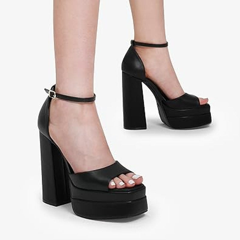 Dream Pairs Womens 8.5 Black Faux Leather 6" Platform Ankle Strap Heel Shoes