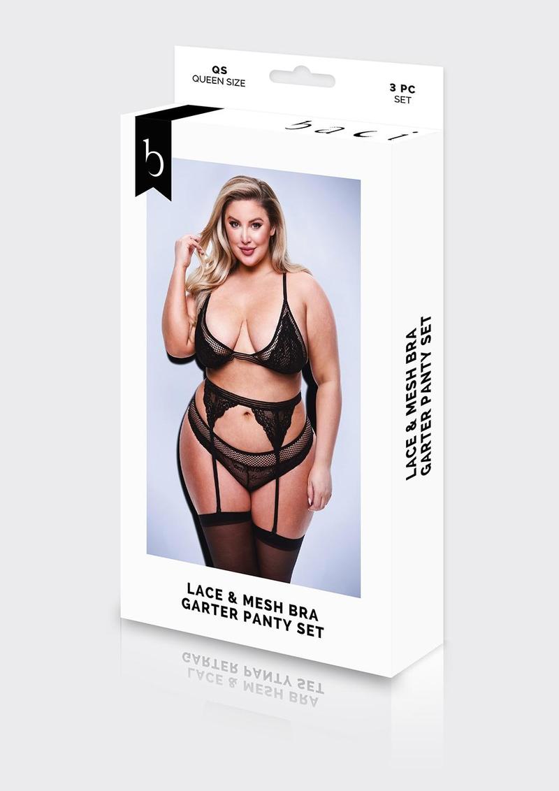 3pc Lace and Mesh Bra Garter Panty