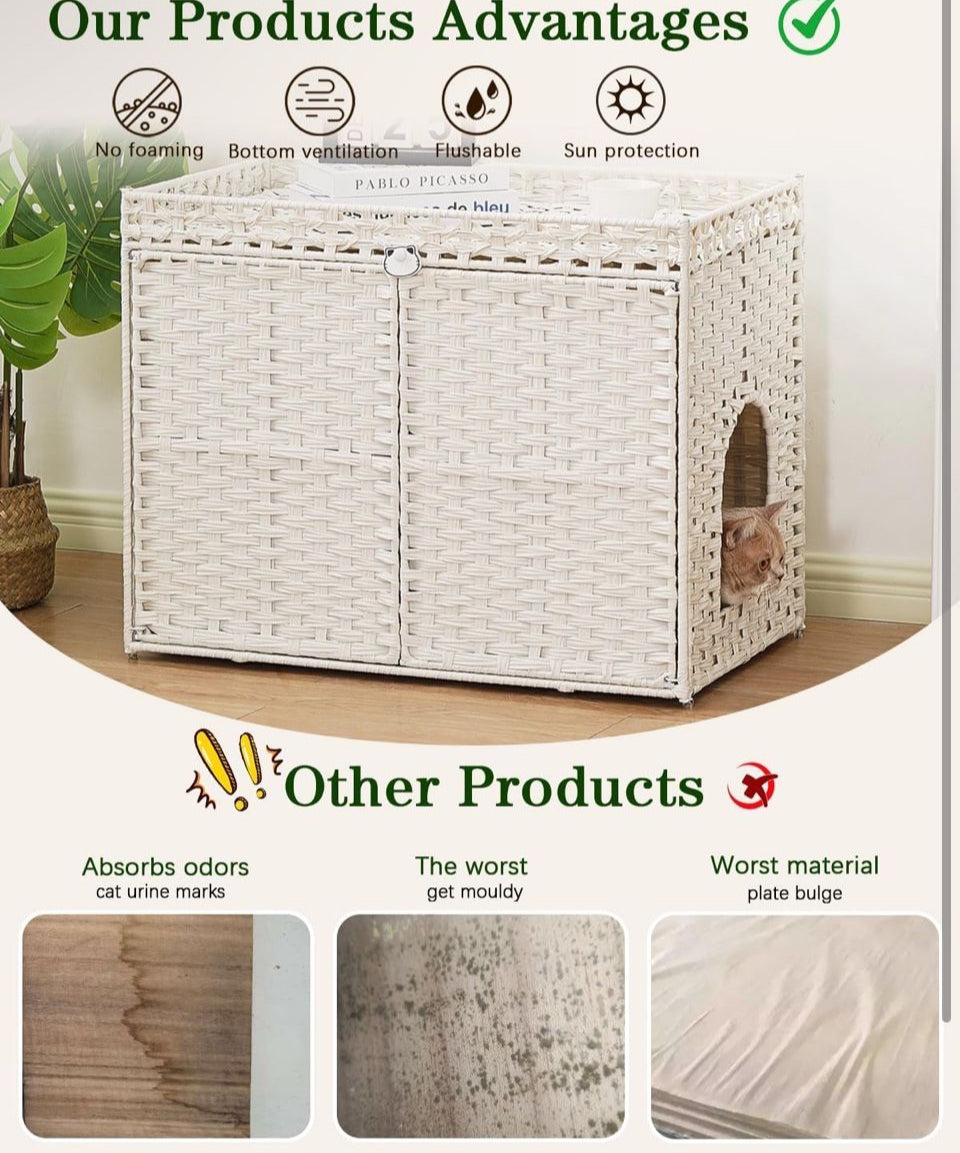 Brand New SETVSON Cat Litter Box Enclosure Furniture, Handwoven Rattan Hidden Litter Box with Mat, Large Space Cat House with
2 S-Shaped Hooks 30.3 x 18.3 x 24.4 Inches, Indoor for Living Room Apartment White
PABLO