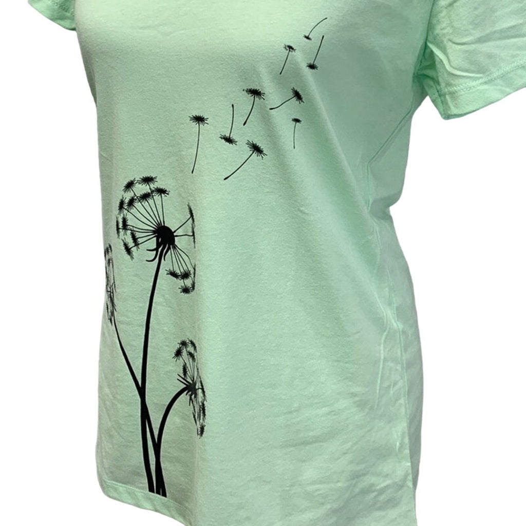 New Hand Printed Dandelion Womens XL Cotton Blend Short Sleeve V-Neck Tee