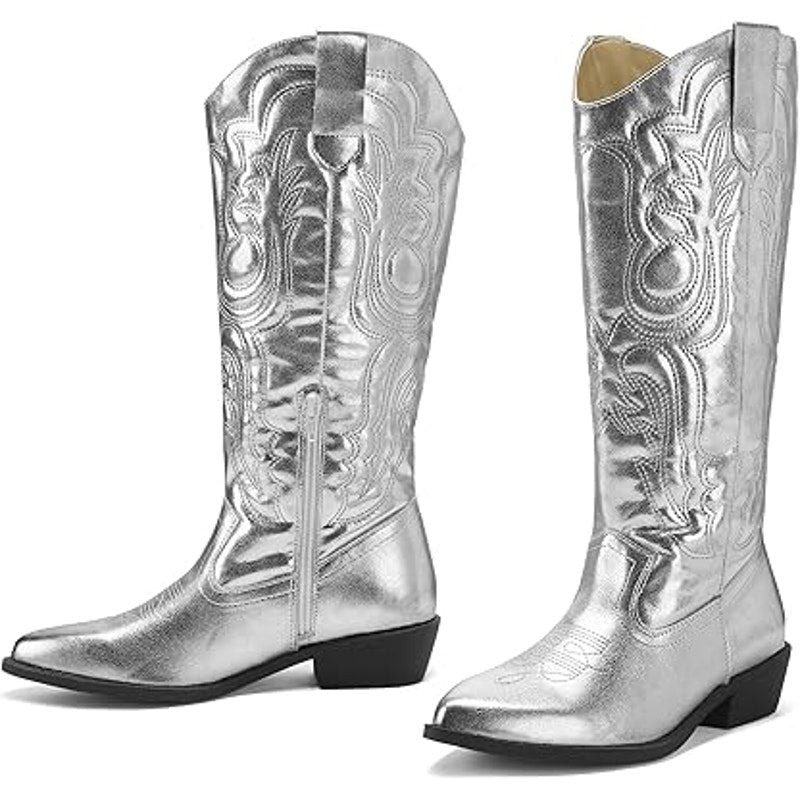 Mysoft Womens Size 7 Shiny Silver Mid Calf 1.5" Chunk Heel Cowgirl Western Boots