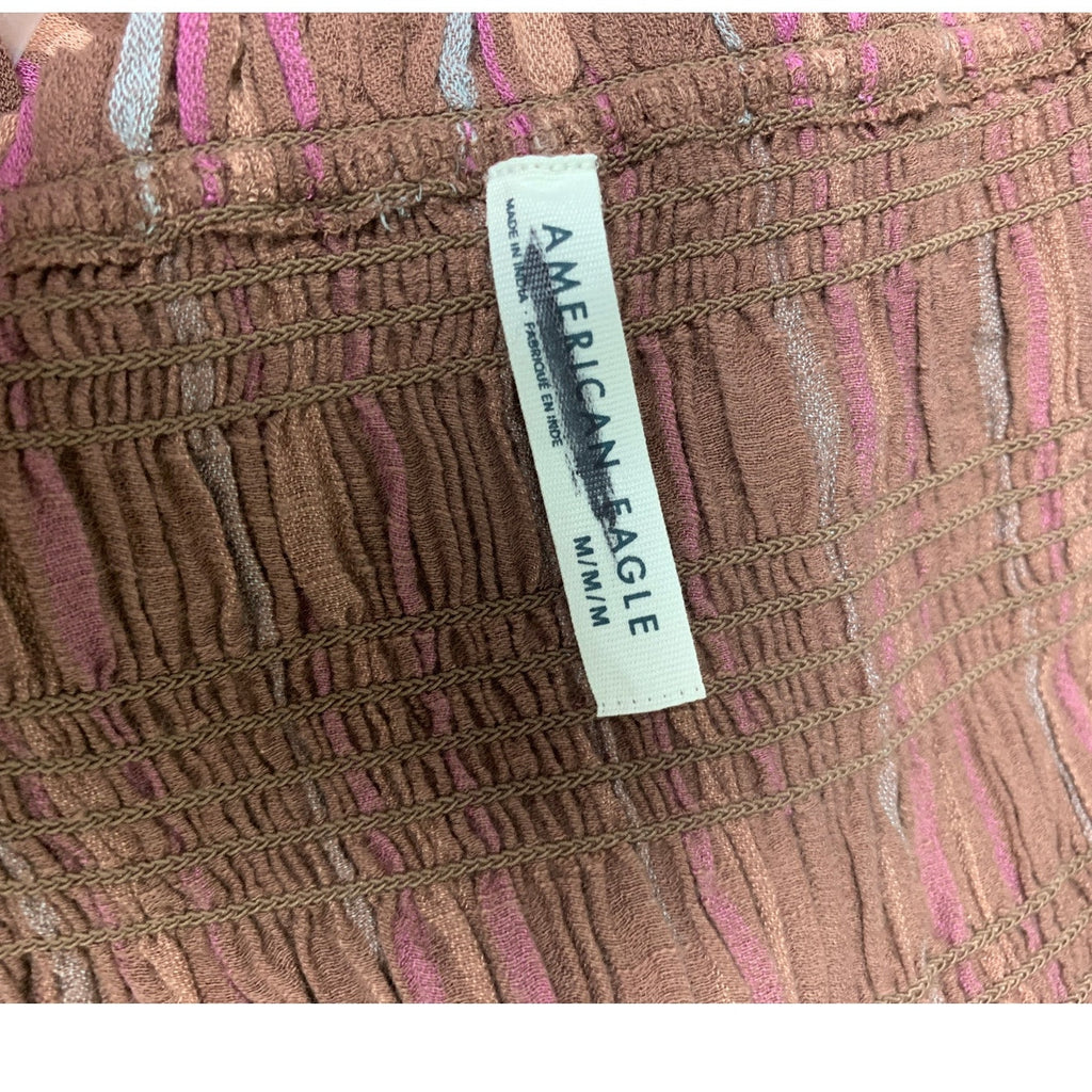 American Eagle Womens Medium Brown Pink Striped Smocked Wide Leg Long Jumpsuit