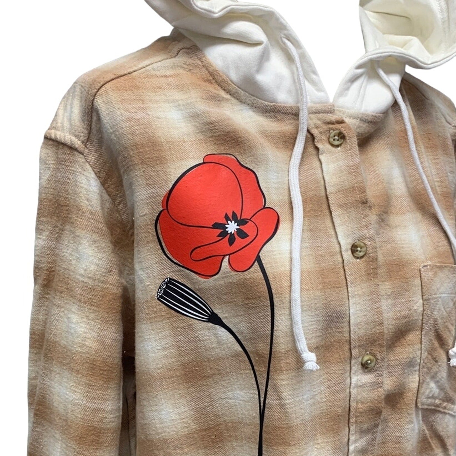 New Hand Printed Womens Large Red Poppy Flower Long Sleeve Plaid Flannel Hoodie