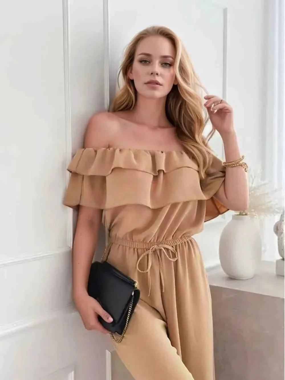 Ruffled Off-Shoulder : Wide Leg Jumpsuit