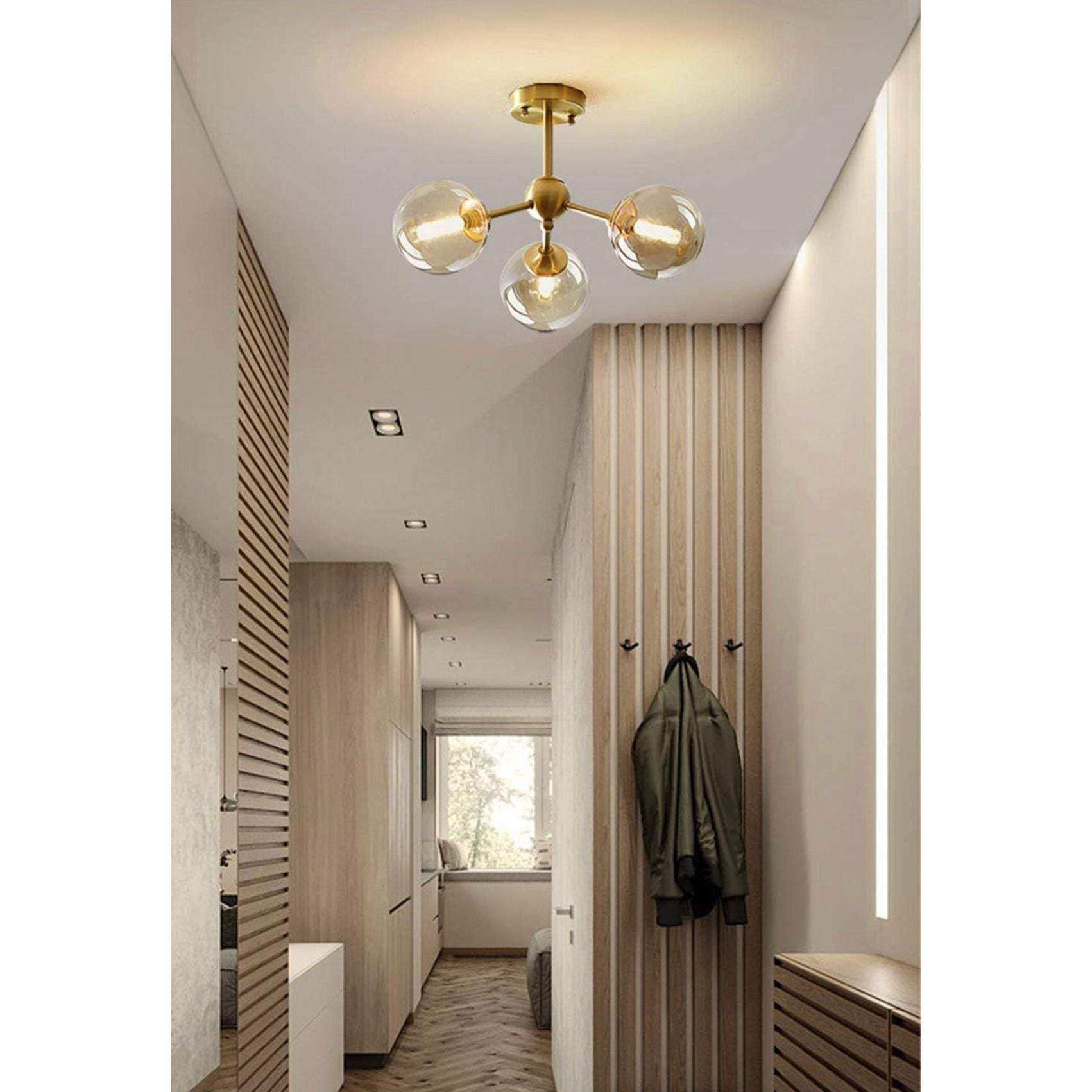 KCO Lighting Glass Globe Sputnik Chandelier 3-Light Brass Gold Close to Ceiling Light Mid Century Flush Mount Ceiling Light for Kitchen Island Bedroom Bathroom (3-Lights)