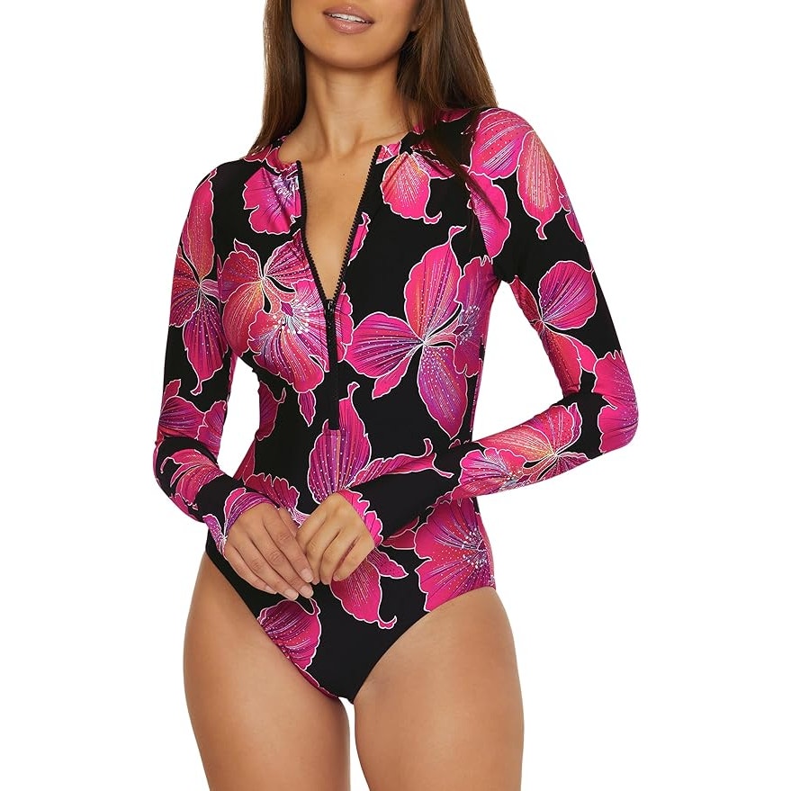 NWT New Trina Turk Womens Small Floral Long Sleeve Front Zip One Piece Swimsuit