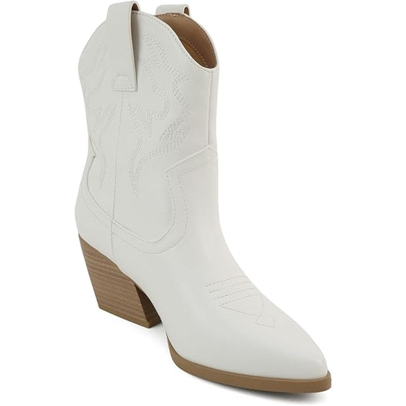 Soda BLAZING Women Size 7.5W Wide White Faux Leather 2.5" Heel Cowboy Boot Shoes