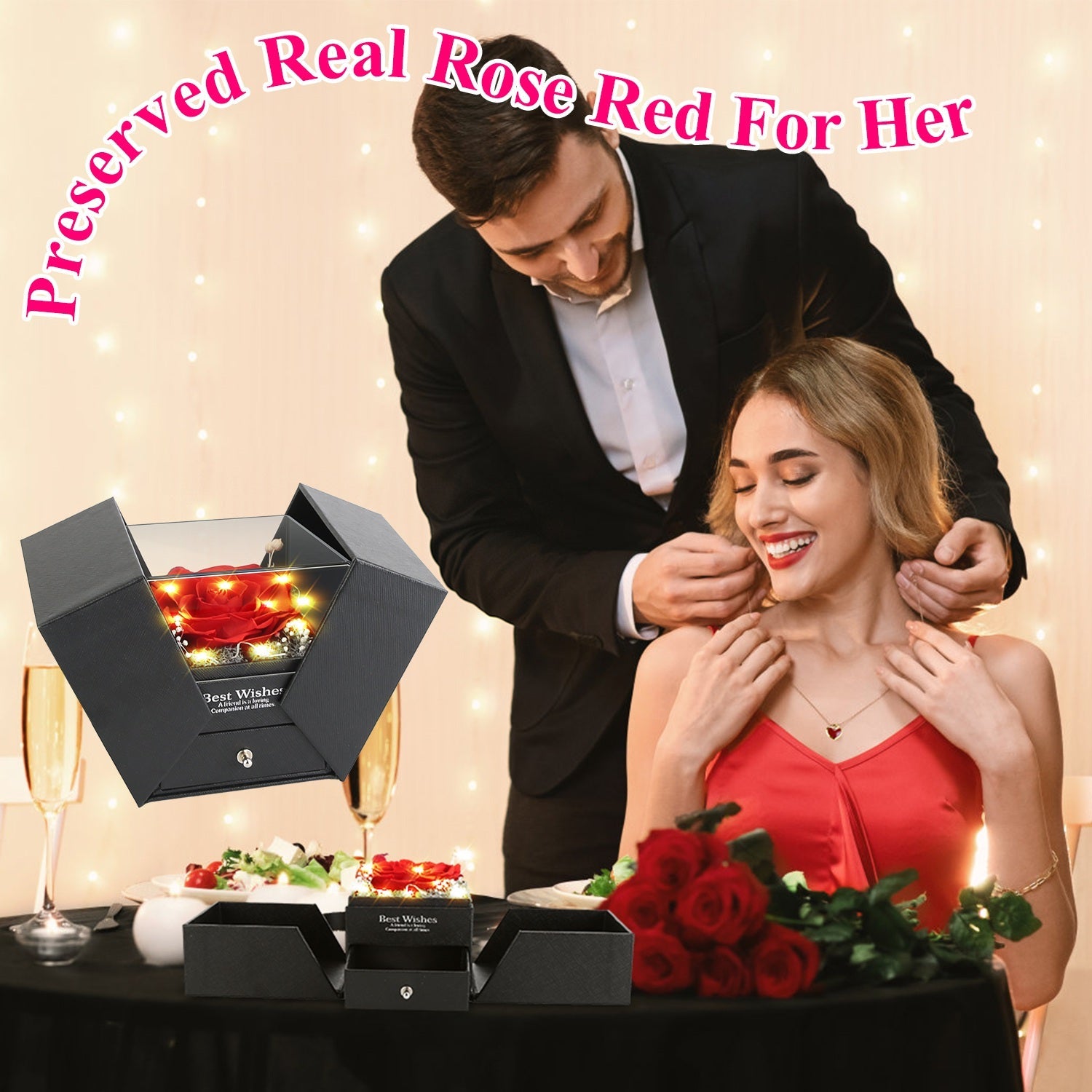 Preserved Red Real Rose with Heart Necklace