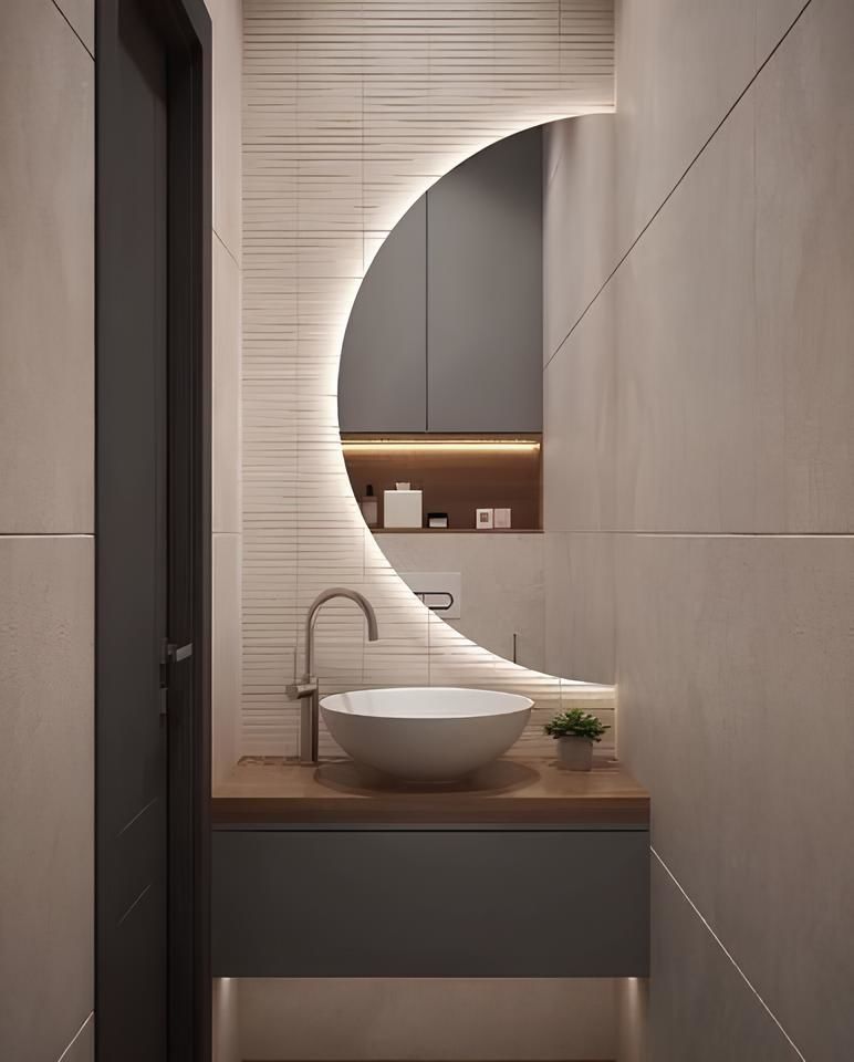Modern LED Bathroom Mirror – Half Circle Backlit Wall Mirror with Touch Sensor, Designer Lighted Vanity Mirror