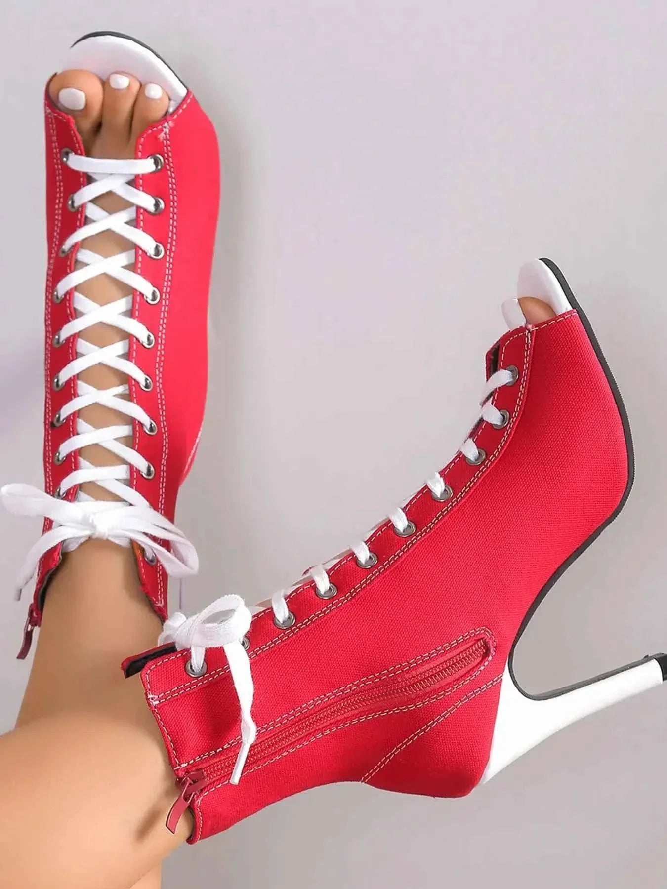 Canvas Lace-Up Peep Toe : Stiletto Ankle Boots