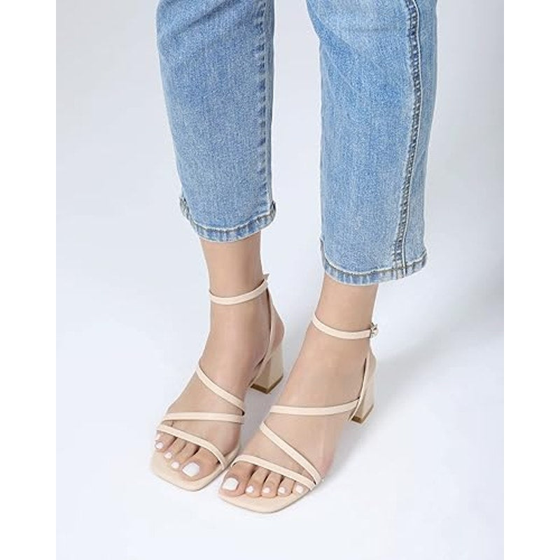 Shoe'N Tale Womens Size 5 Tan Nude 2.5" Heel Open Toe Ankle Strap Sandal Shoes