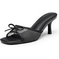 Coutgo Womens Size 7.5 Black Square Open Toe Mesh Strap Bow 2.5" Slip On Heels