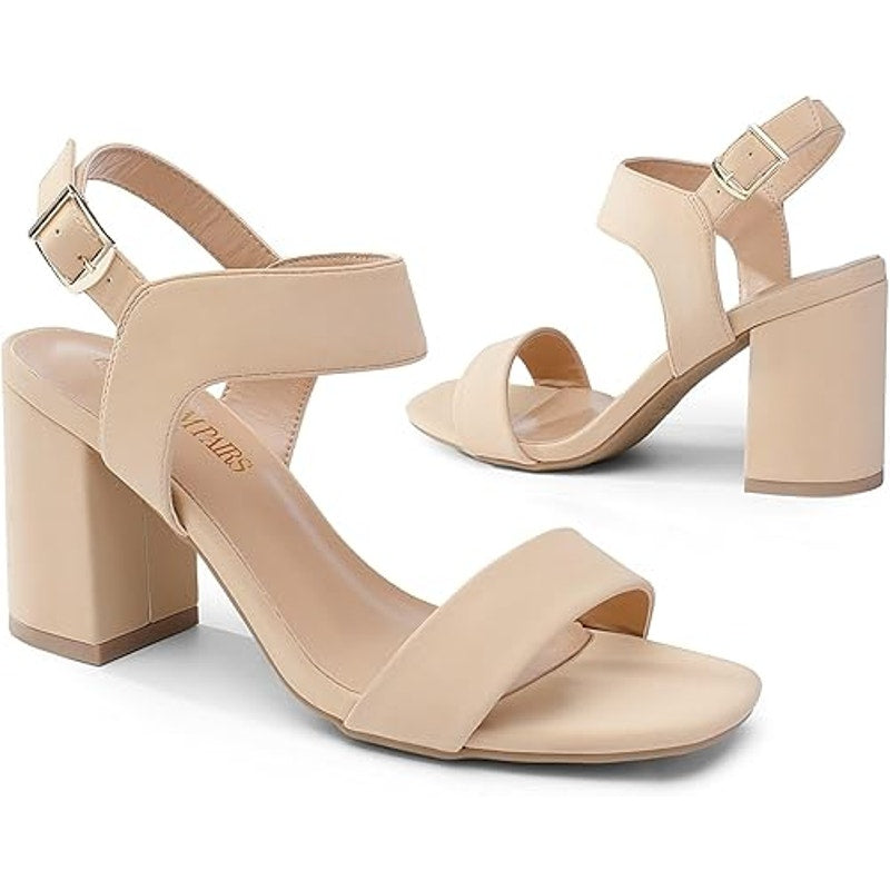 Dream Pairs Womens Size 8 Tan Open Toe 3.5" Chunky Heel Ankle Strap Sandal Shoes
