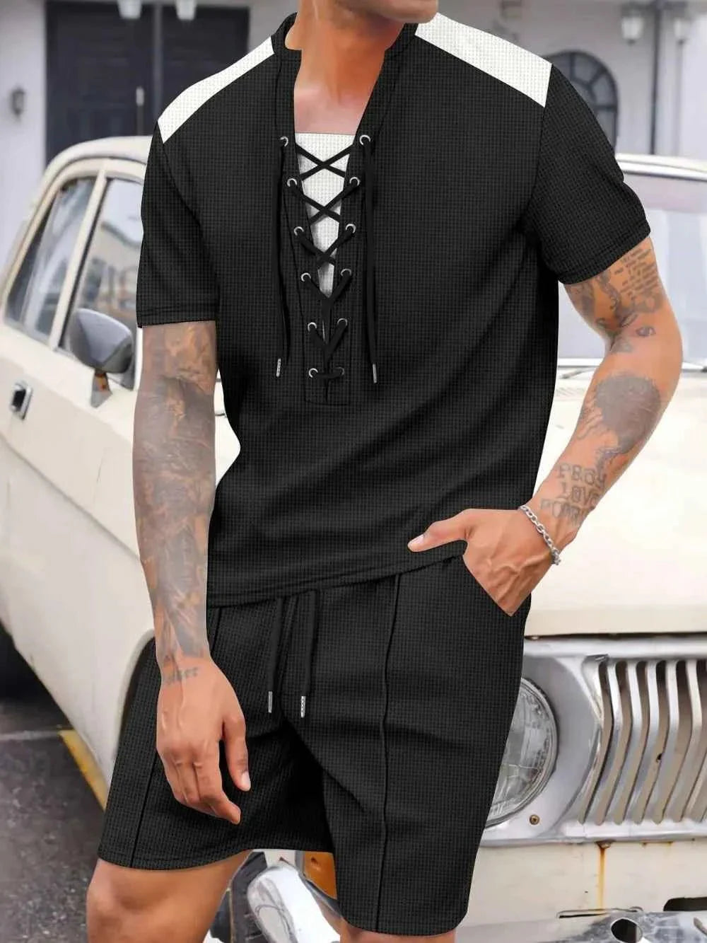 Men's Lace-Up Set Waffle Knit Two-Piece Outfit Plus Size