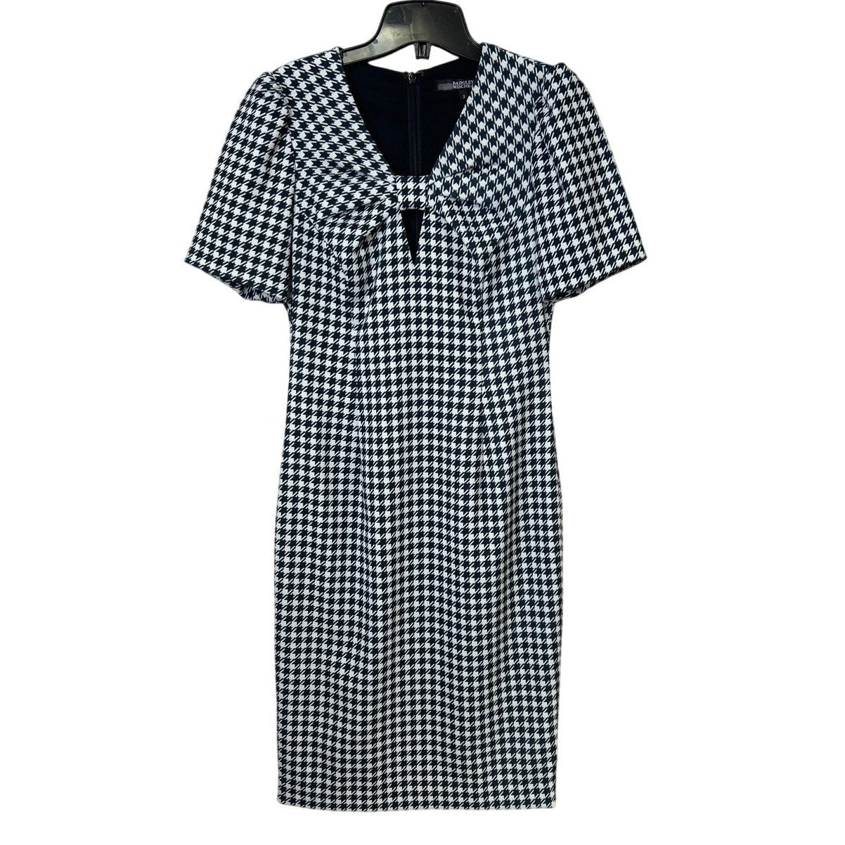 Badgley Mischka Size 2 Black White Houndstooth Twist Bow Neck Knee Length Dress
