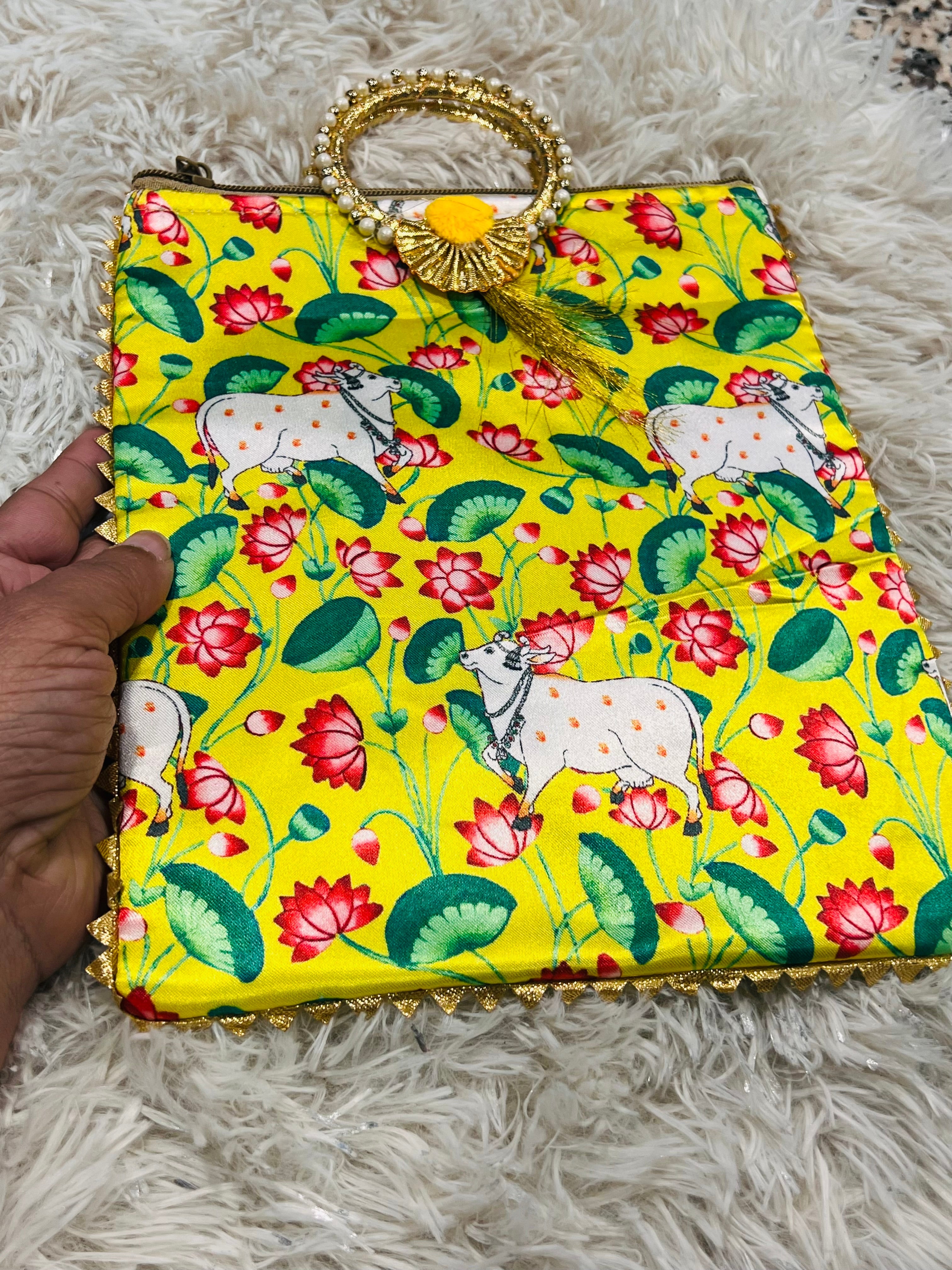 Handmade Yellow Pichwai Cow Print Potli Bag | Indian Ethnic Clutch with Pearl Handle | Festive Wedding Gift