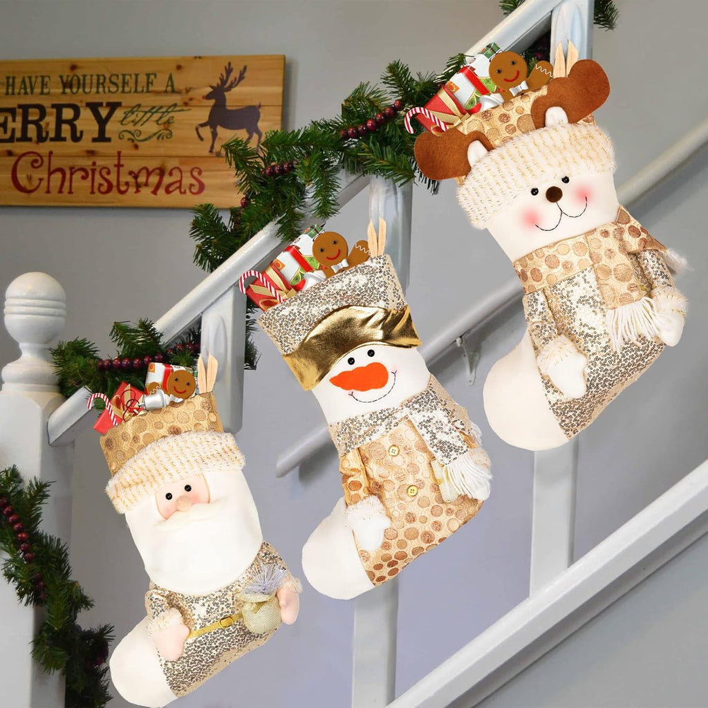 JR.WHITE Christmas Stocking Set, Large Christmas Stocking 18", Gold Sequin Christmas Stocking with Santa, Snowman, Reindeer, Christmas Stocking 3 Pack for Kids, Child, Girls