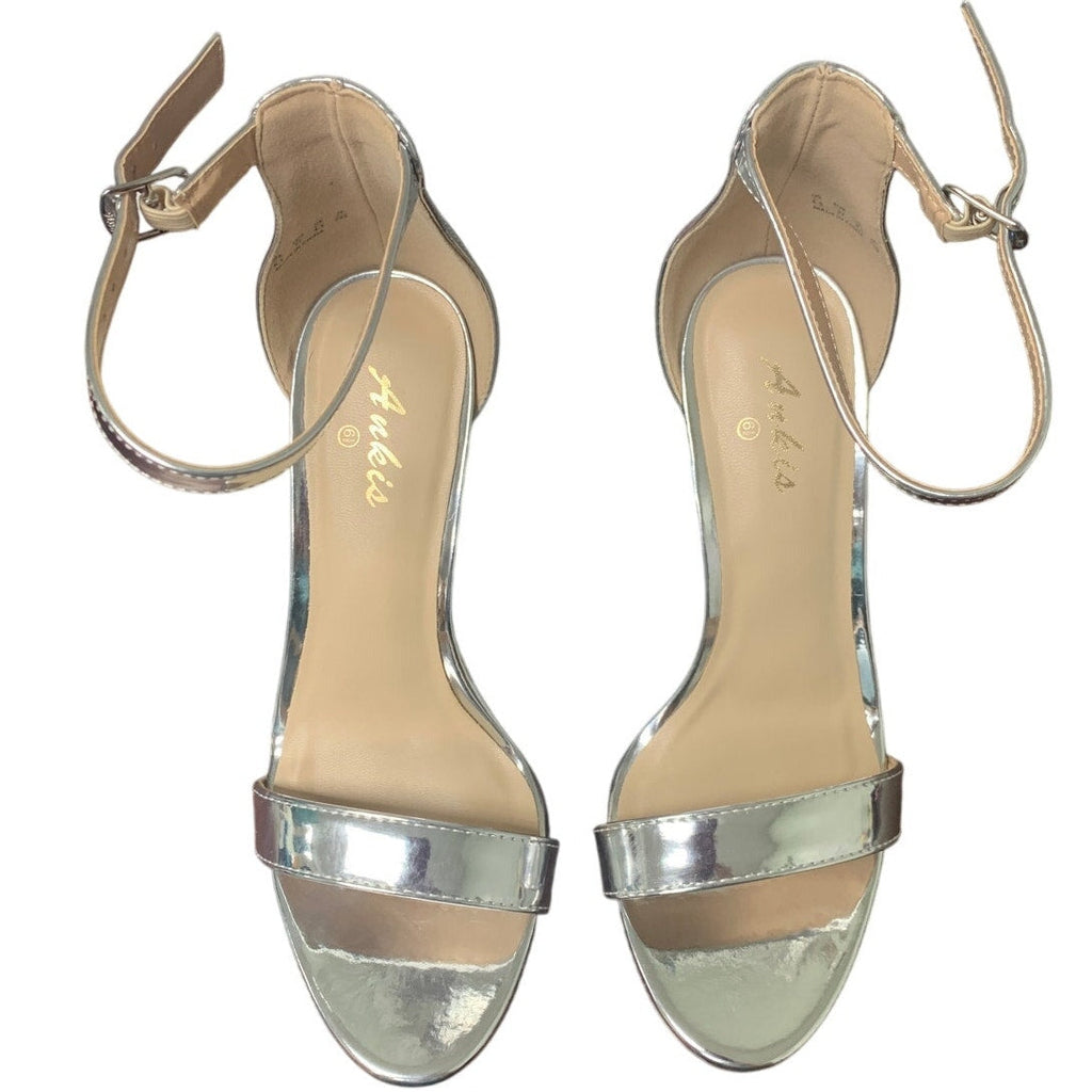 New Ankis Womens 6.5 Silver 4" High Heel Open Toe Ankle Strap Stilleto Shoes