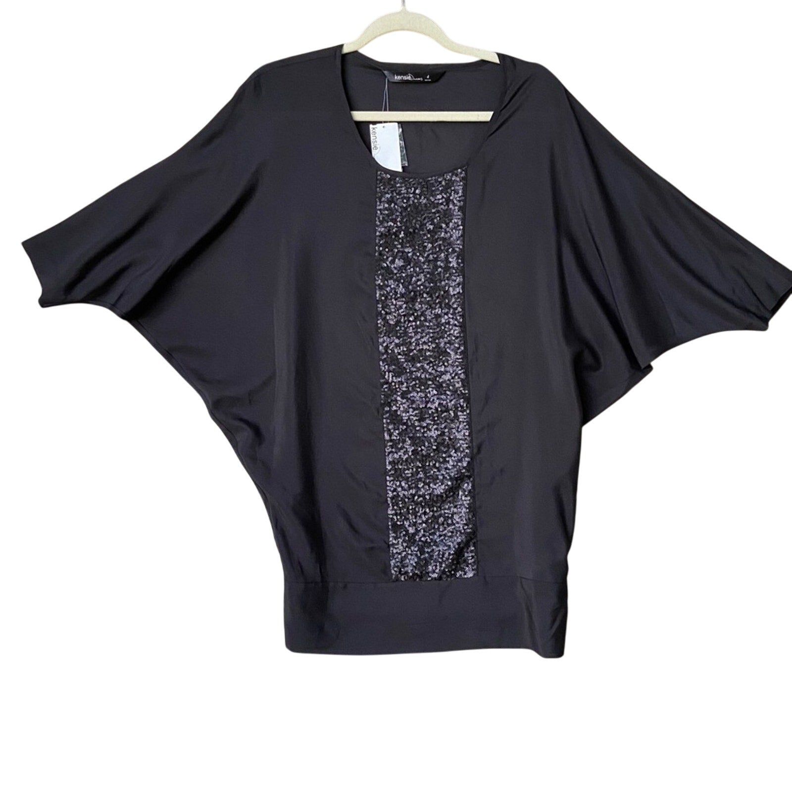 NWT New Kensie Womens Size 4 Black Sequin Accent Batwing Half Sleeve Dress