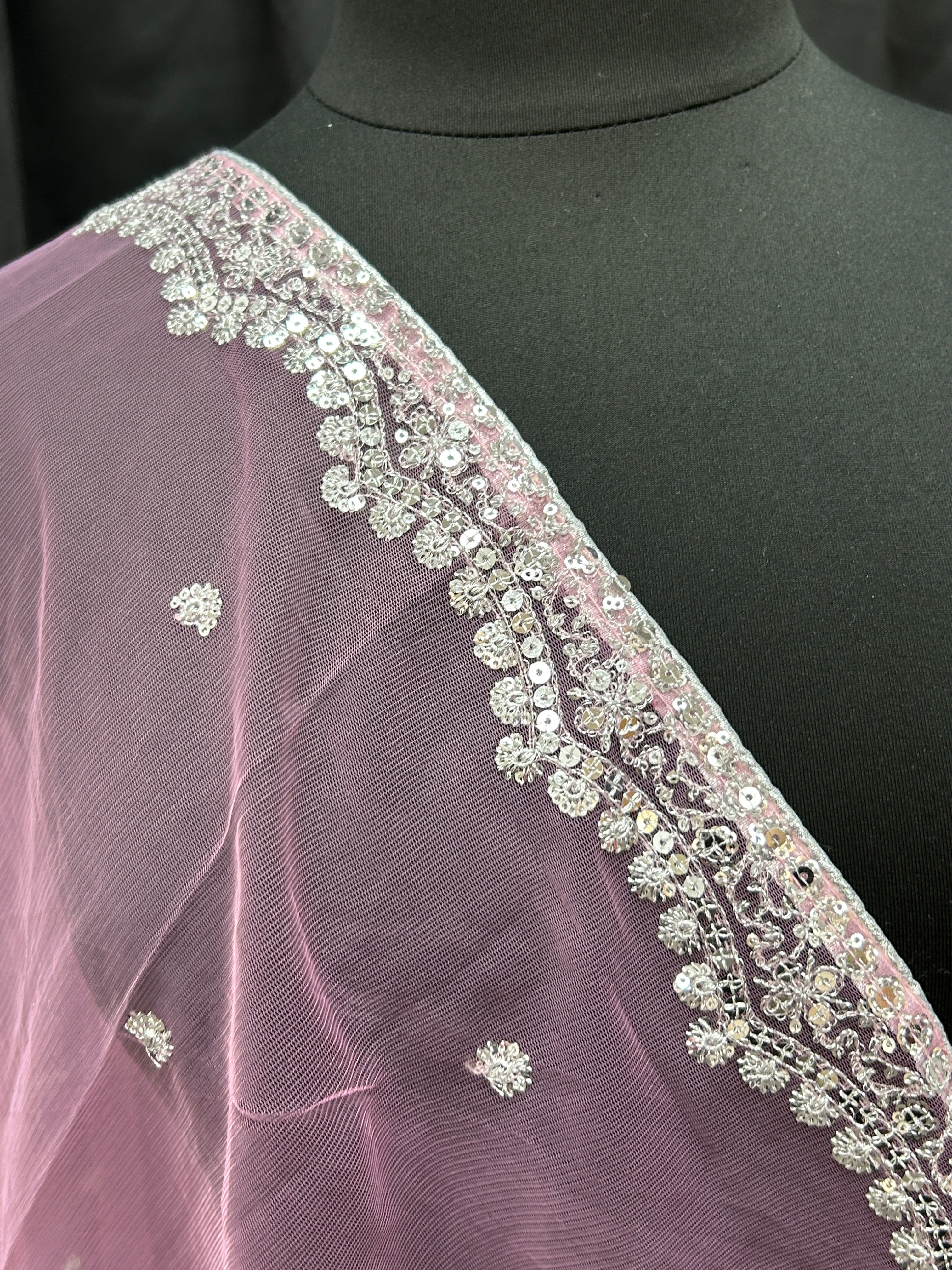 Light pink net dupatta with silver sequin border