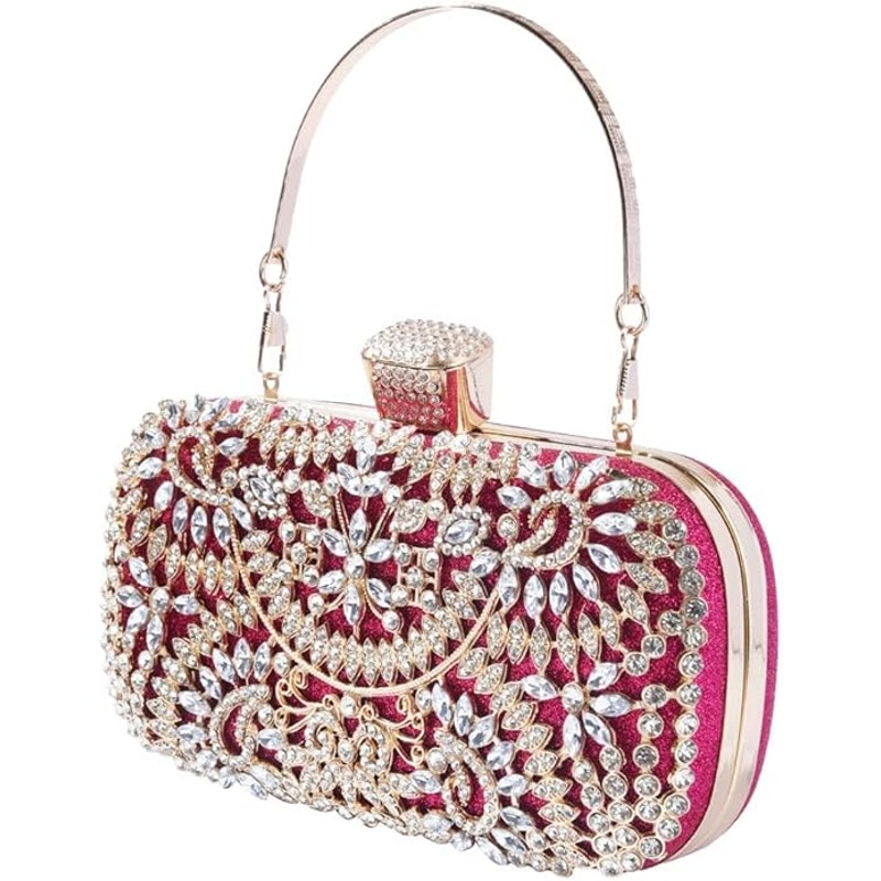 New Covelin Womens Pink Gold Silver Rhinestone Evening Bag Shoulder Clutch