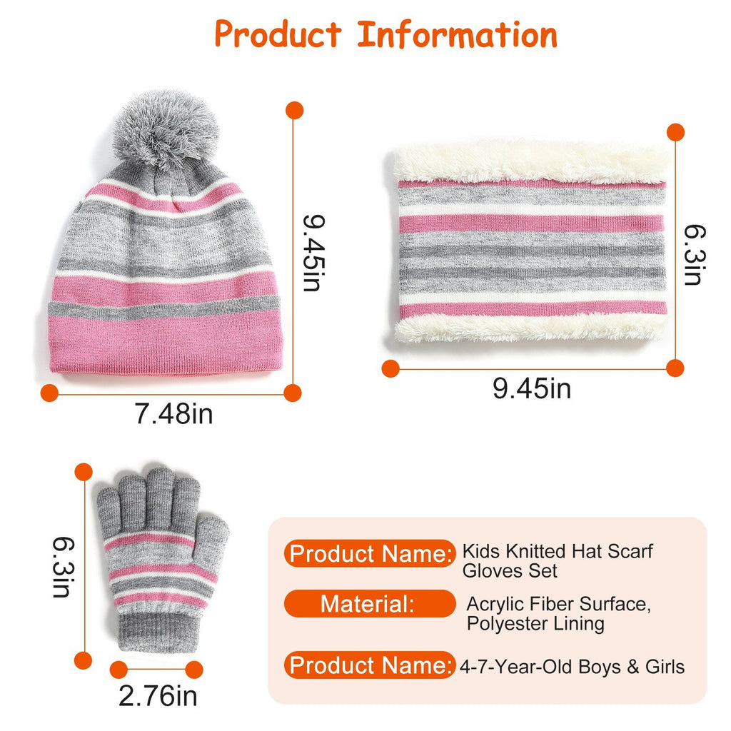 Winter Kids Knitted Hat Scarf Gloves 3Pcs Boys Girls