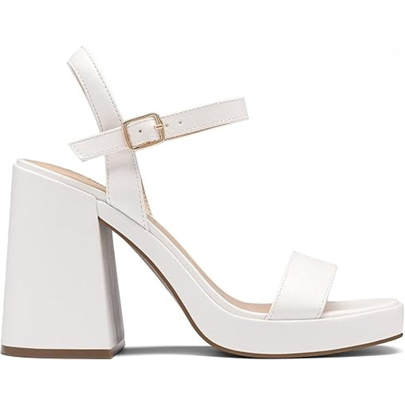 Dream Pairs Women Size 10 White Faux Leather 4.5" Chunky Heel Open Toe Shoes