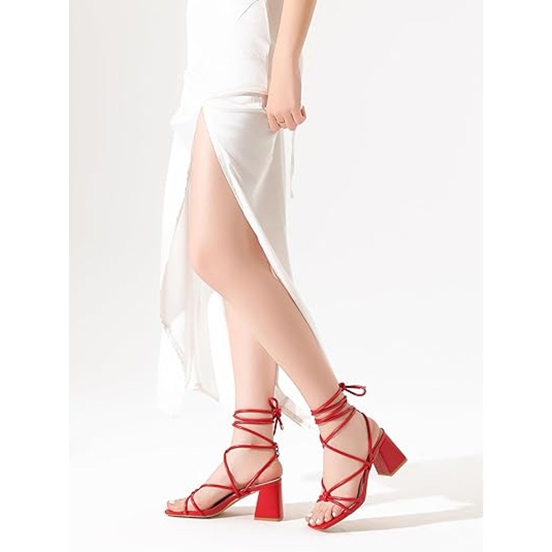 Shoe'N Tale Womens Size 7.5 Red 3.25" Block Heel Gladiator Lace Up Sandal Shoes