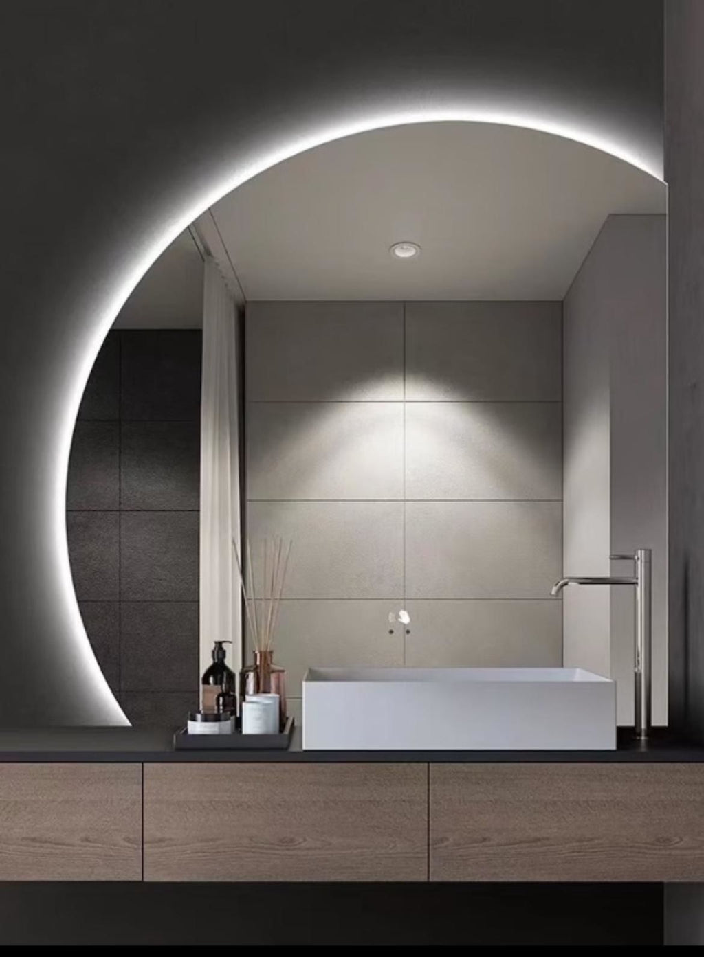 Modern LED Bathroom Mirror – Half Circle Backlit Wall Mirror with Touch Control, Warm & Cool Lighted Vanity Mirror