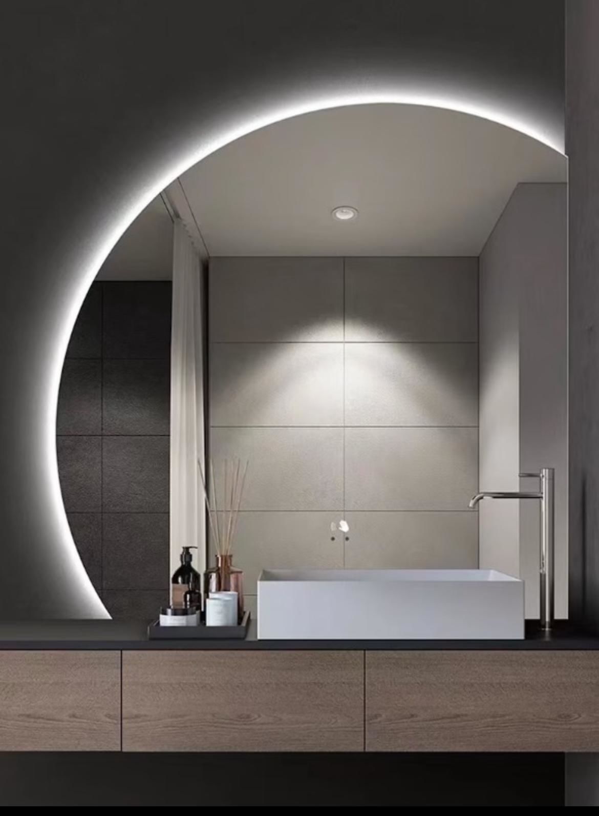 Modern LED Bathroom Mirror – Half Circle Backlit Wall Mirror with Touch Control, Warm & Cool Lighted Vanity Mirror