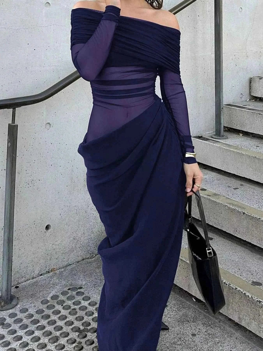 Off-Shoulder Long Sleeve Ruched : Bodycon Maxi Dress