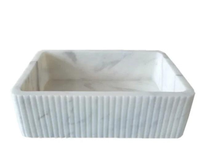 Carrara White Marble Wall Mount Sink | Luxury Bathroom Vanity Basin | Ribbed Textured Stone Sink