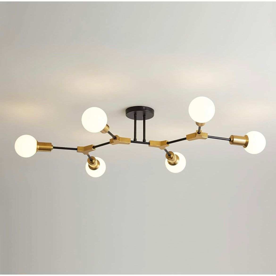 Epinl Modern Sputnik Light Fixture 6-Lights Chandelier Black and Gold Chandelier Metal Semi Flush Mount Ceiling Light for Bedroom Living Room Hallway.E26 Socket