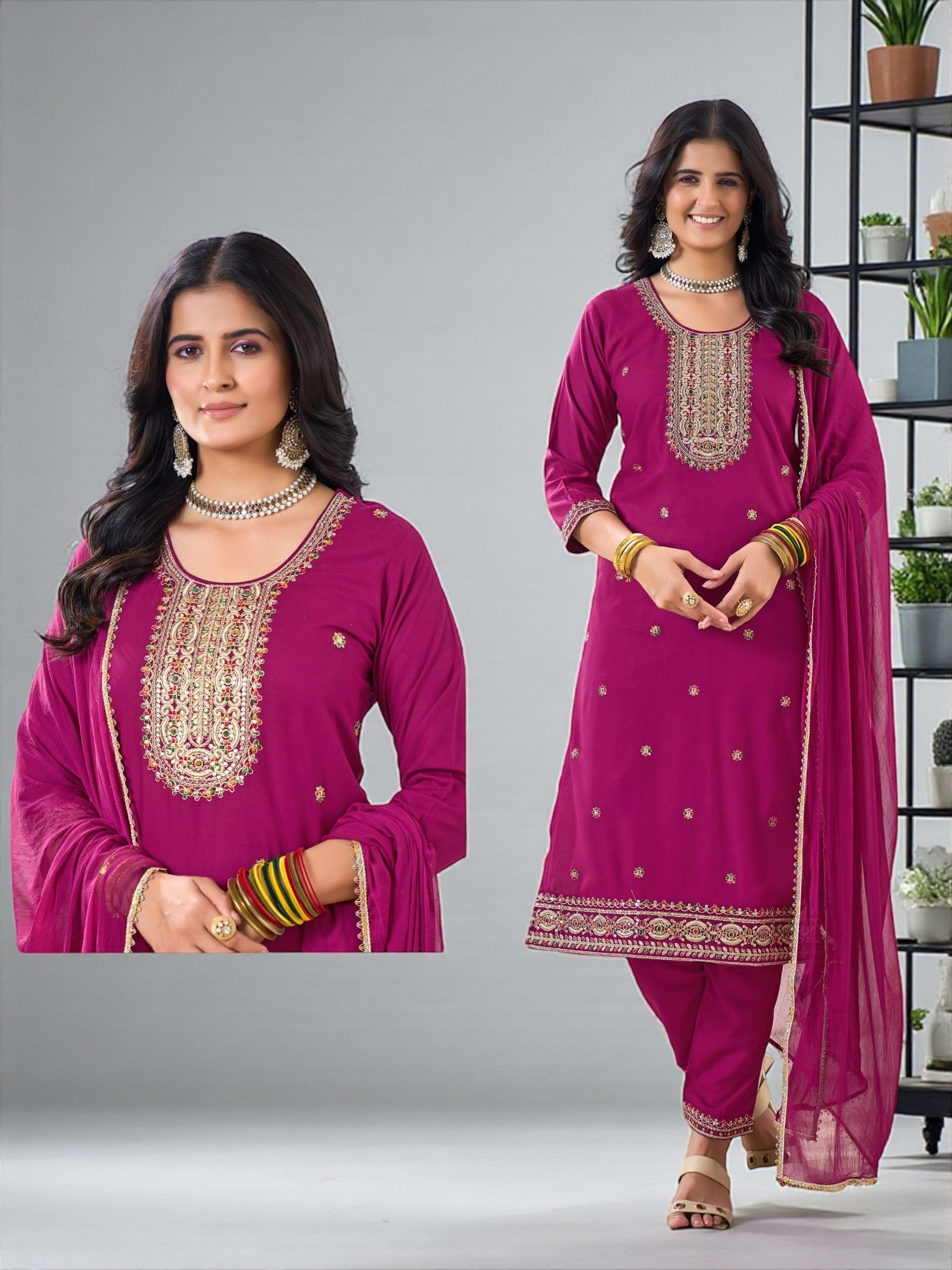 Rayon Kurti pant set with chiffon dupatta
