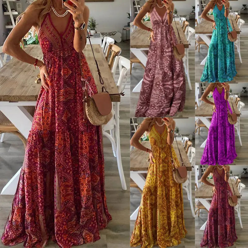 Bohemian High Waisted V-neck Floral Dress