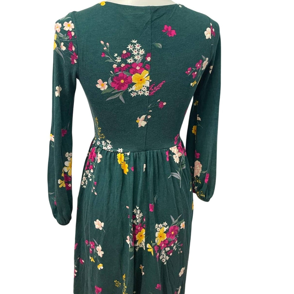 Old Navy XS Long Sleeve Deep V-Neck Rayon Blend Fit & Flare Green Floral Dress
