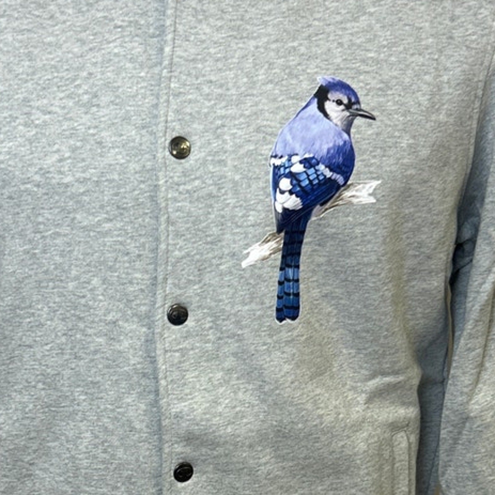 New Champion Mens 2XL Gray Snap Up Hand Printed Blue Jay Bird Bomber Jacket