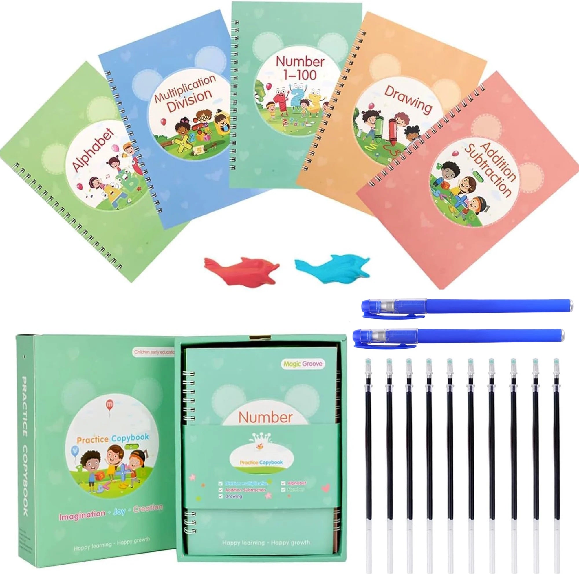 Magic Groove Handwriting Practice Copybook, Reusable A5 Learning Notebook for Kids, 5 Books with 2 Pens