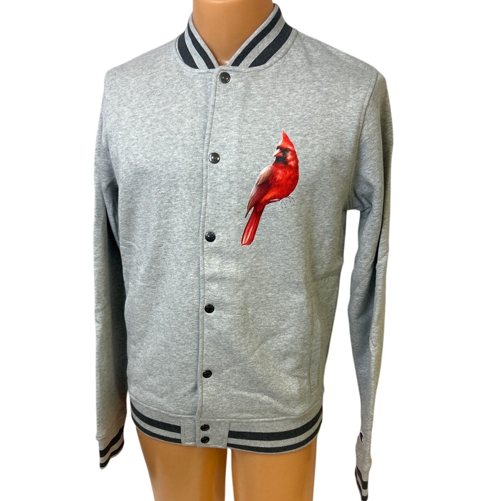 New Champion Mens Large Gray Snap Up Hand Printed Cardinal Bird Bomber Jacket